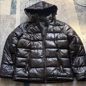 Guess Black Shiny Quilted Puffer Jacket with Hood